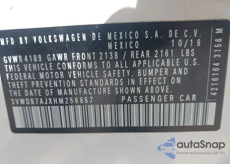 2017 Volkswagen Jetta 1.4T Se z USA, uszkodzony, nr VIN 3VWDB7AJXHM256857